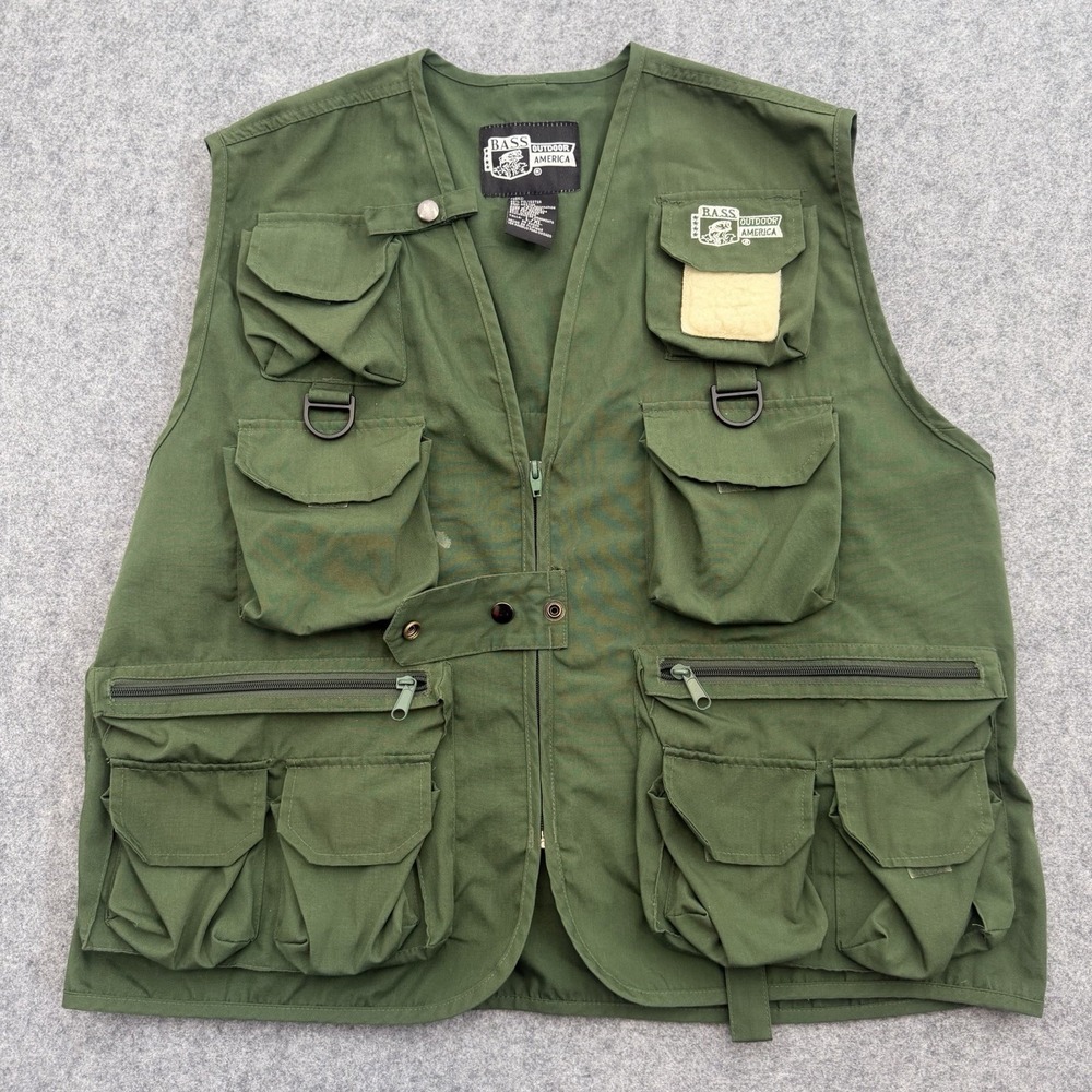 Bass Outdoor America Fishing Vest Mens L/XL Green Multi Pocket Fly Utility